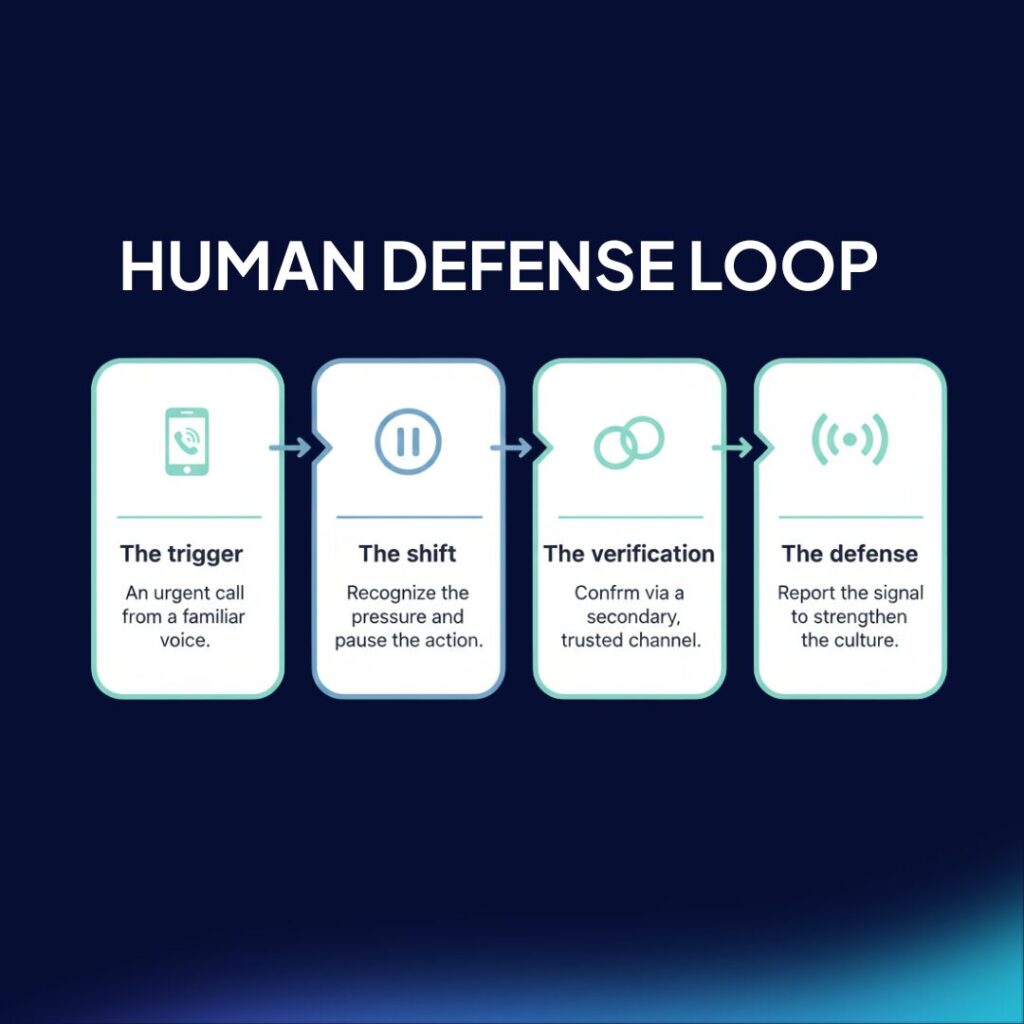 A four-step infographic showing the human defense verification loop: trigger, shift, verification, and defense. Designed in navy and mint, it outlines how to respond to AI voice cloning.