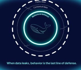 A graphic titled 'The Whale's Shield' on a dark blue background. It shows a geometric teal whale silhouette representing a high-profile executive, protected by three concentric rings. An arrow labeled 'The Attack' pierces the first two broken rings labeled 'Public Data' and 'Contextual Data' but is stopped by the third solid blue ring labeled 'Behavioral Defense.' Text at the bottom reads: 'When data leaks, behavior is the last line of defense.'